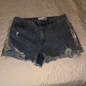 Fashion Nova Distressed Blue Jean Shorts with Silver Accents